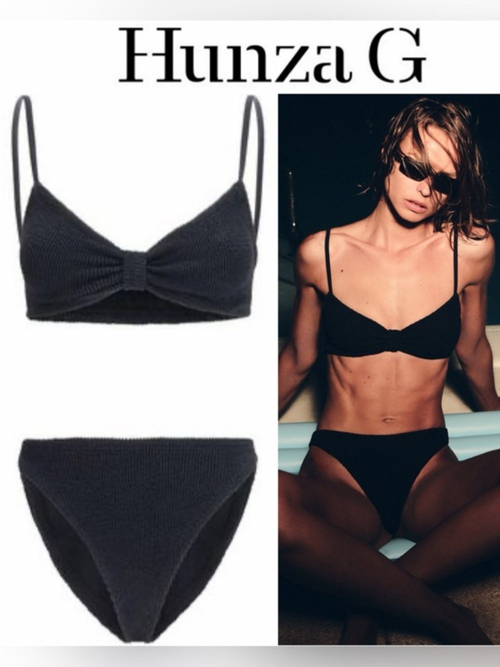 Hunza G Alicia Black Ribbed Bikini Set OS NWT $270